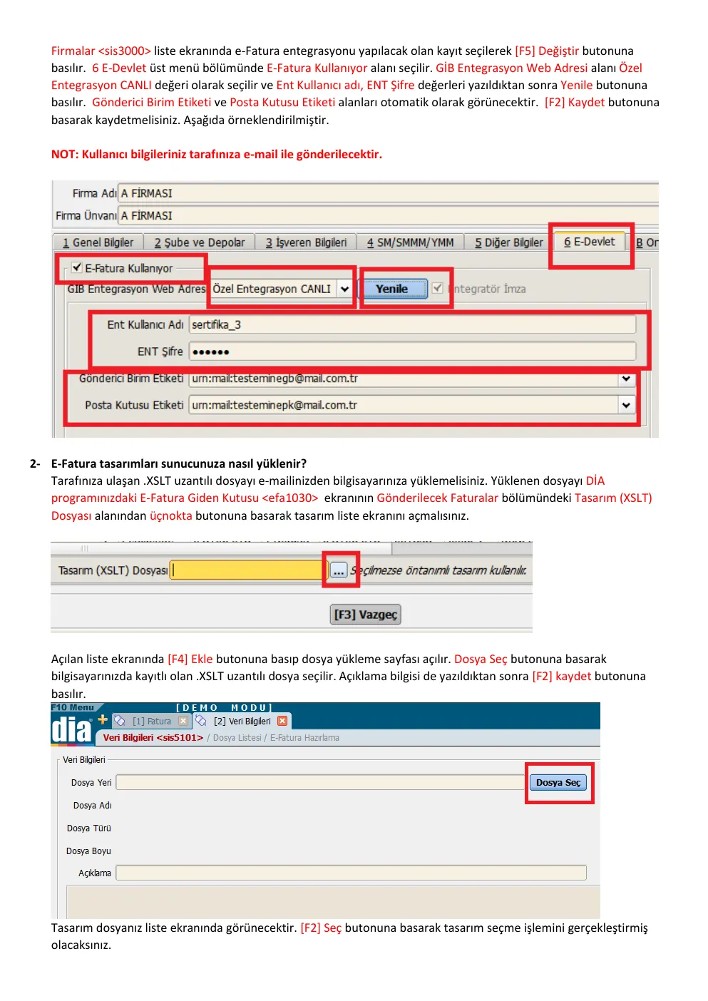 DİA e-Fatura entegrasyon ayarı